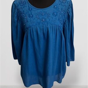 LOFT Teal Embroidered Blouse For Spring and Summer Size M